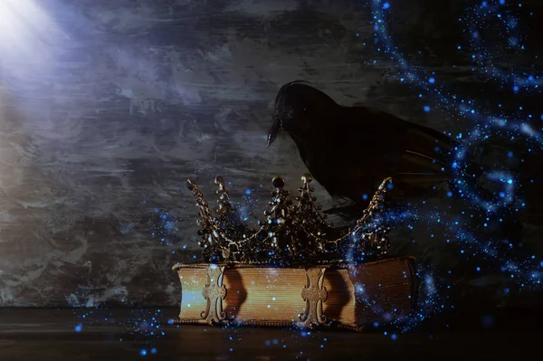 Imagen de la llave baja de la hermosa corona reina / rey y cuervo negro. época medieval de fantasía. Enfoque selectivo . —  Fotos de Stock