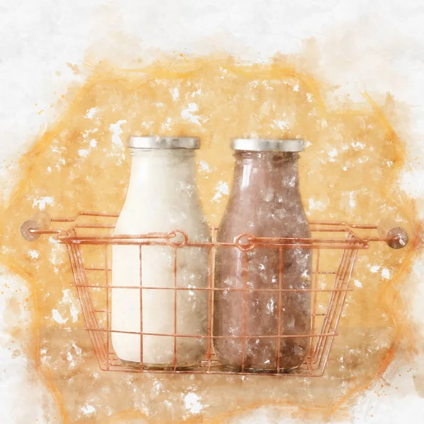 Akvarel styl obrázku mléka a Chocolatewith pšenice nad stůl. Symboly je židovský svátek - Šavuot. — Stock fotografie