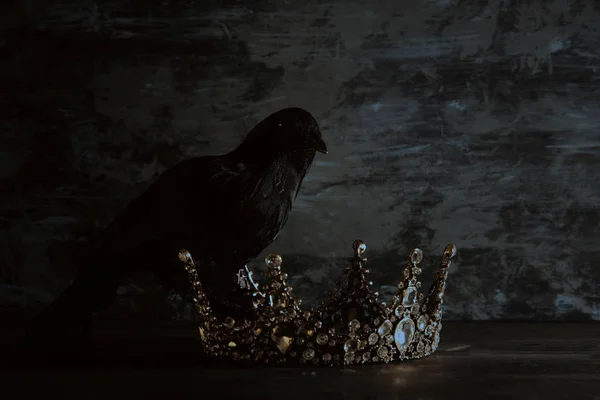 Χαμηλή βασική εικόνα του στέμμα όμορφη βασίλισσα/βασιλιά και μαύρο κοράκι. φαντασία μεσαιωνική περίοδο. Επιλεκτική εστίαση. — Φωτογραφία Αρχείου