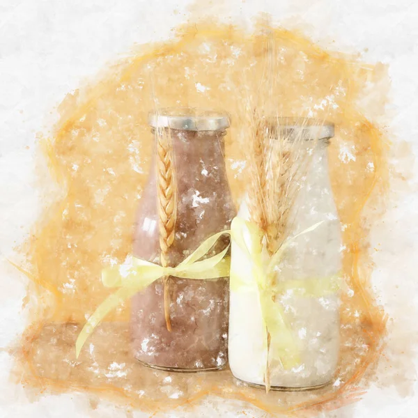 水彩样式例证牛奶和 Chocolatewith 麦子在桌。犹太节日的象征-Shavuot. — 图库照片