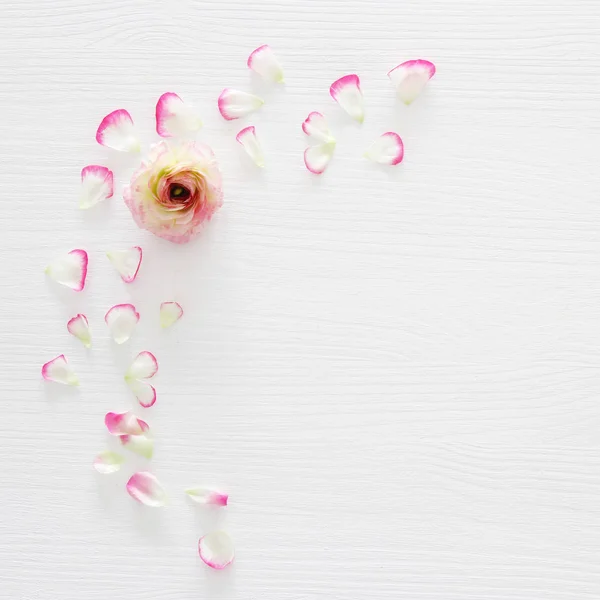 Immagine di delicato rosa pastello bella disposizione dei fiori su sfondo bianco in legno. Posa piatta, vista dall'alto . — Foto Stock