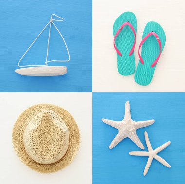 Deniz yaşam tarzı nesnelerin üzerine mavi ve beyaz tahta arka plan ile deniz kolaj.