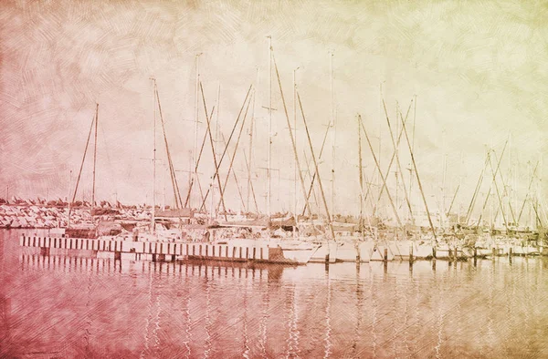 Fondo abstracto del muelle del puerto deportivo con barcos. Dibujo a lápiz estilo de pintura. Colores del atardecer . — Foto de Stock
