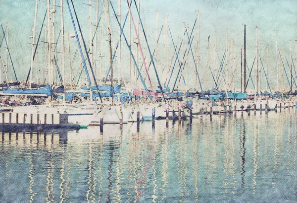 Absztrakt háttér a pier kikötő hajók. Ceruza vázlat festés stílus. — Stock Fotó