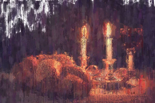 Ölgemälde Stil abstraktes Bild von Shabbat. Challah-Brot, Shabbat-Wein und Kerzen. — Stockfoto