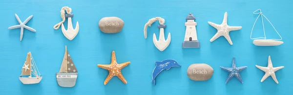 nautical, vacation and travel banner with sea life style objects. Top view.