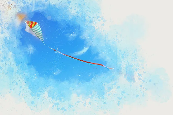 Watercolor style abstract illustration of colorful kite flying in the blue sky. — Stock Photo, Image