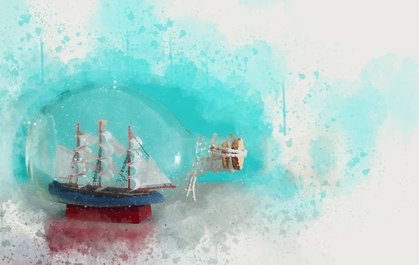 ボトルの中に古いボートと航海の概念の水彩画のスタイル抽象的なイメージ. — ストック写真