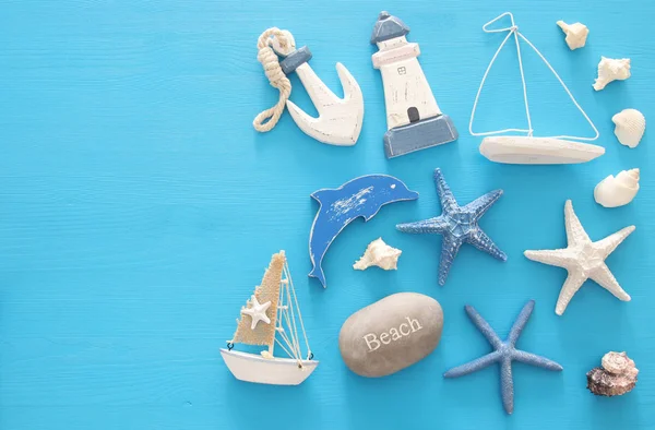 nautical, vacation and travel banner with sea life style objects. Top view.