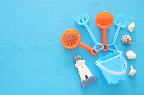 Vacation and summer image with sea life style objects and beach toys for kid. — Stock Photo, Image