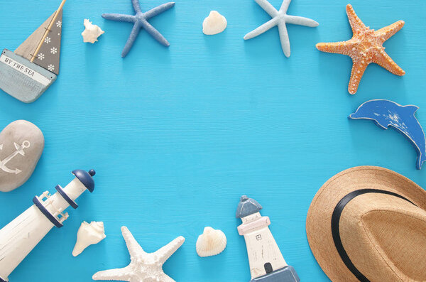 nautical, vacation and travel image with sea life style objects. Top view.