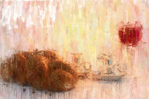 Oil painting style abstract image of shabbat. challah bread, shabbat wine and candles. — Stock Photo, Image