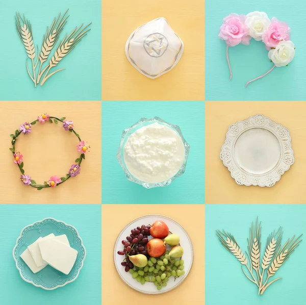 乳製品や果物の平面図コラージュ画像。ユダヤ人の休日 - シャブオットのシンボル. — ストック写真