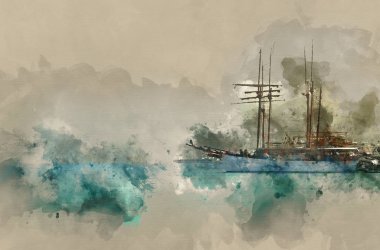 eski teknesi ile deniz kavramı soyut suluboya stil gösteren resim