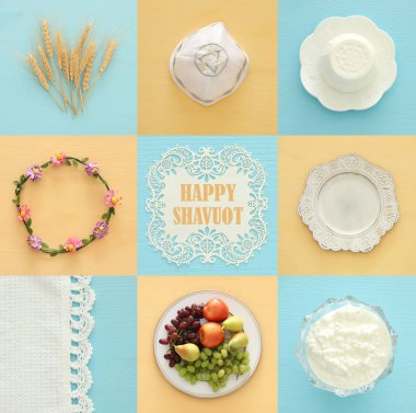 Üstten Görünüm kolaj resim süt ürünleri ve meyve. Sembolleri Yahudi tatil - Shavuot.