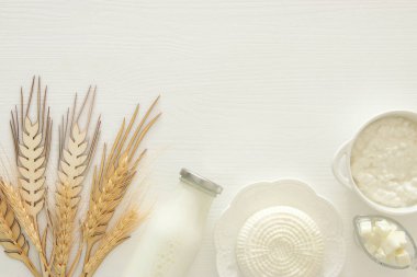 Beyaz ahşap zemin üzerinde süt ürünleri üstten görünüm görüntüsü. Sembolleri Yahudi tatil - Shavuot.