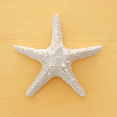 tatil ve yaz görüntü sarı ahşap arka plan üzerinde deniz yıldızı ile.