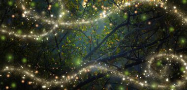 Gece ormanda uçan Firefly soyut ve büyülü görüntüsü