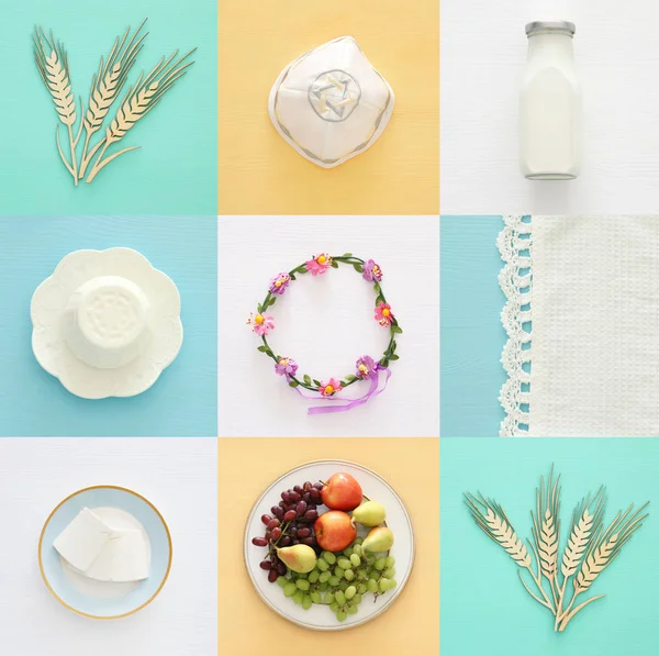 Collage von Milchprodukten und Früchten von oben. Symbole des jüdischen Feiertags - shavuot. — Stockfoto