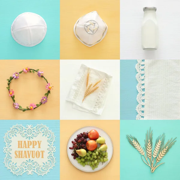 Ovanifrån collage bild av mejeriprodukter och frukt. Symboler för judiska semester - Shavuot. — Stockfoto