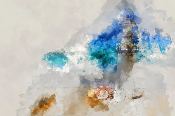 貝殻と灯台海事の概念の抽象的な水彩風イラスト. — ストック写真