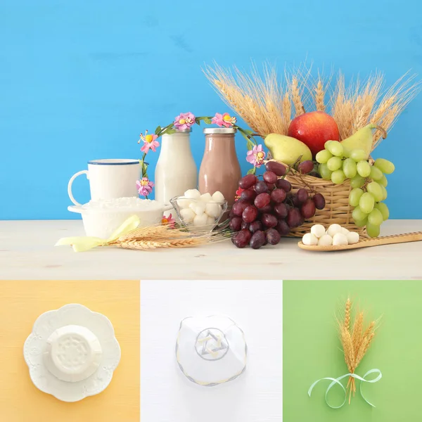Collage av mejeriprodukter och frukt. Symboler för judiska semester - Shavuot. — Stockfoto