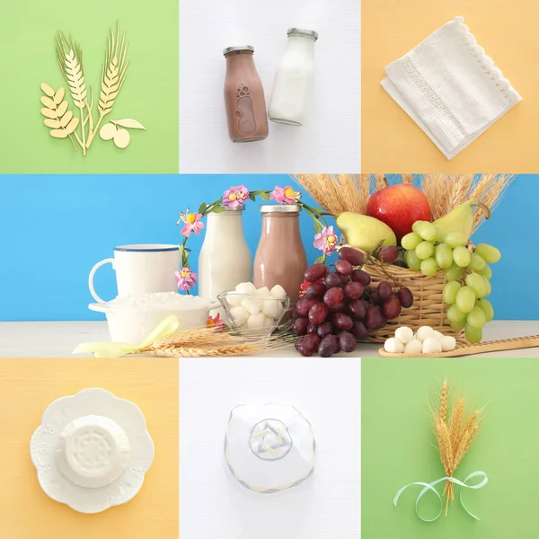 Колаж з молочних продуктів та овочів. Символи єврейське свято - Шавуот. — стокове фото