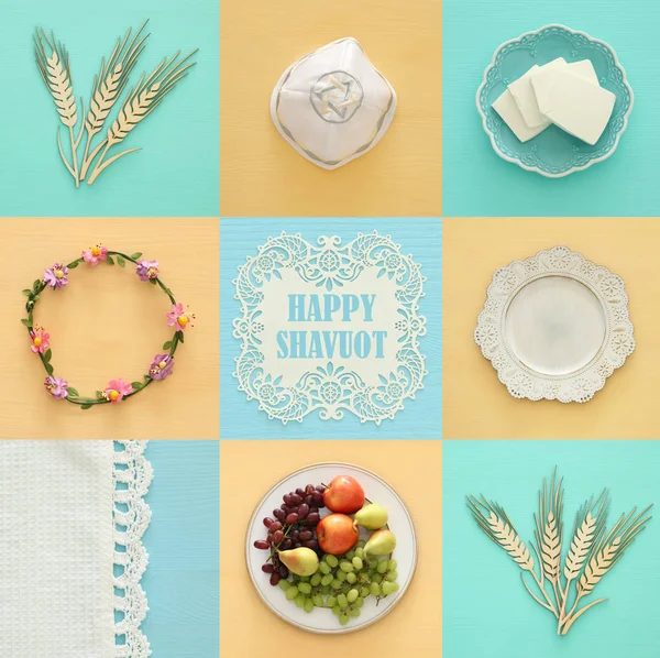 Top view collage image of dairy products and fruits. Symbols of jewish holiday - Shavuot. — Stock Photo, Image