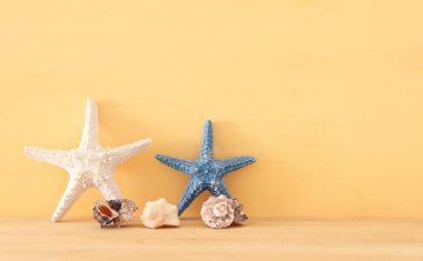 Deniz, tatil ve seyahat görüntü ile deniz yaşam tarzı nesnelerin üzerine ahşap masa.