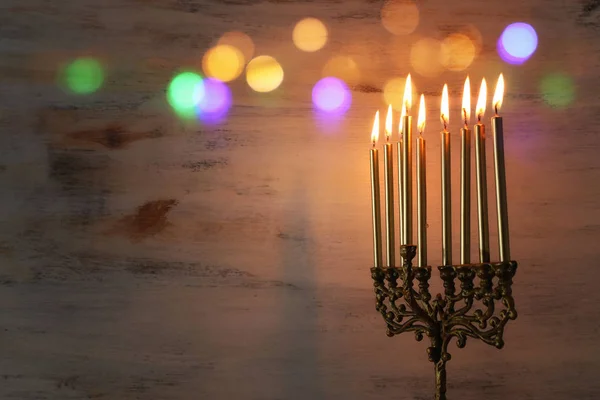 Religion image of jewish holiday Hanukkah background with menorah (traditional candelabra) and candles — Stock Photo, Image