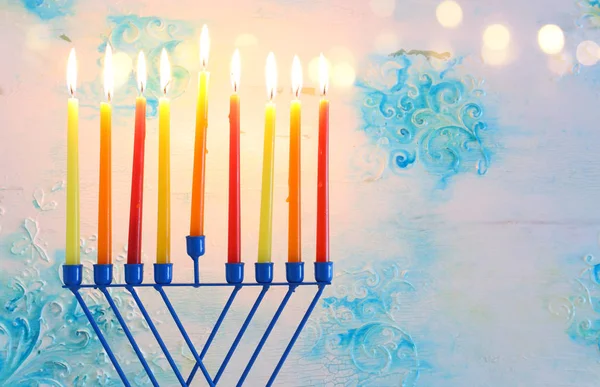 Religion image of jewish holiday Hanukkah background with menorah (traditional candelabra) and candles — Stock Photo, Image