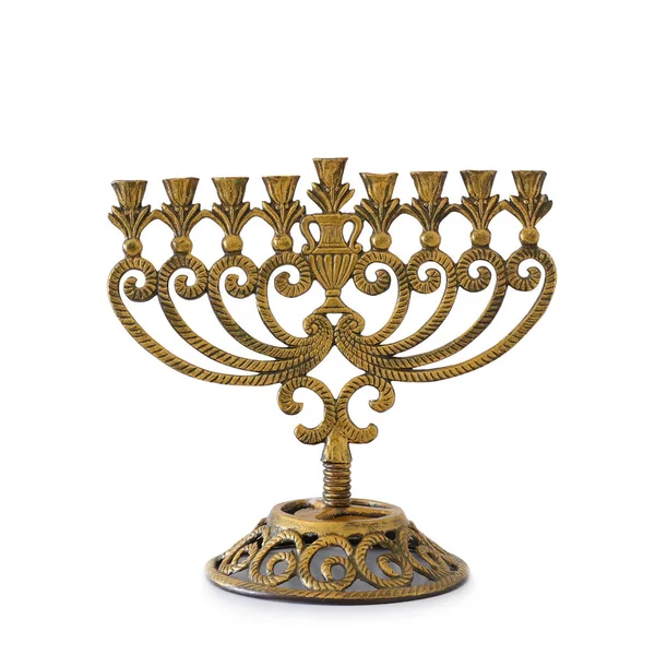 Religião imagem de feriado judaico Hanukkah com menorah de bronze (candelabro tradicional) isolado sobre fundo branco — Fotografia de Stock