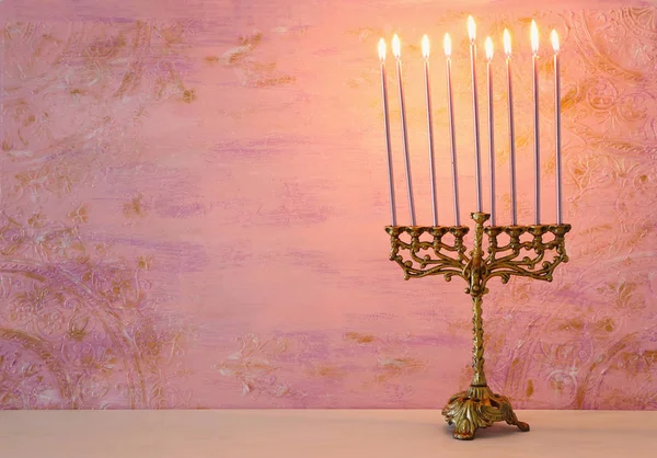 Religion image of jewish holiday Hanukkah background with menorah (traditional candelabra) and candles — Stock Photo, Image