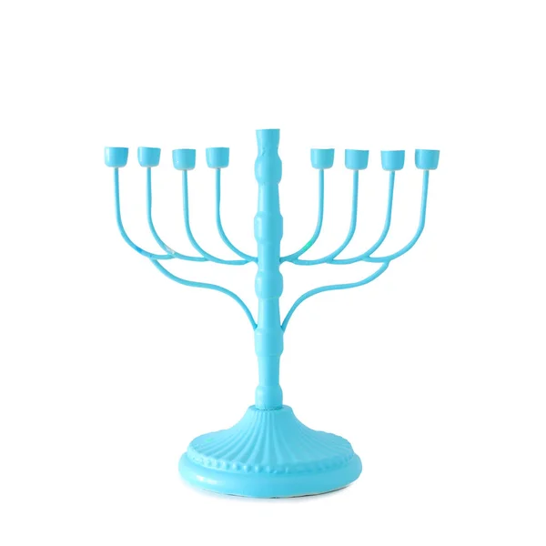 Religião imagem de feriado judaico Hanukkah com menorah azul (candelabro tradicional) isolado sobre fundo branco — Fotografia de Stock