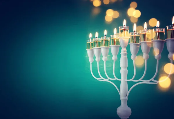 Religion image of jewish holiday Hanukkah background with menora — Stock Photo, Image
