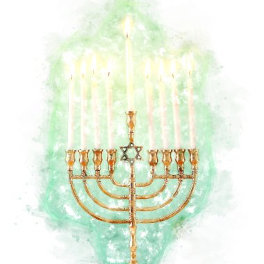 suluboya stili ve soyut Yahudi bayramı Hanuka 'sının menoralı hali (geleneksel şamdan))