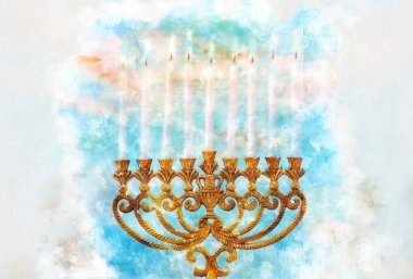 suluboya stili ve soyut Yahudi bayramı Hanuka 'sının menoralı hali (geleneksel şamdan))