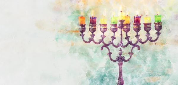 Aquarell und abstraktes Bild des jüdischen Feiertags Chanukka mit Menora (traditioneller Kandelaber)) — Stockfoto