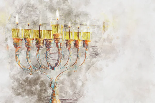 水彩画风格与犹太节日光明节的抽象形象(传统烛光)) — 图库照片