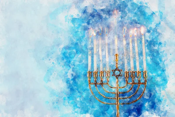 Watercolor style and abstract image of jewish holiday Hanukkah with menorah (traditional candelabra) — Stock Photo, Image