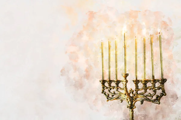 Akvarell stil och abstrakt bild av judisk semester Hanukkah med menorah (traditionell kandelabra) — Stockfoto