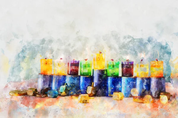 Suluboya stili ve soyut Yahudi bayramı Hanuka 'sının menoralı hali (geleneksel şamdan)) — Stok fotoğraf