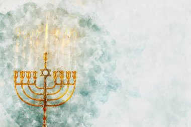 suluboya stili ve soyut Yahudi bayramı Hanuka 'sının menoralı hali (geleneksel şamdan))