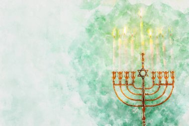 suluboya stili ve soyut Yahudi bayramı Hanuka 'sının menoralı hali (geleneksel şamdan))