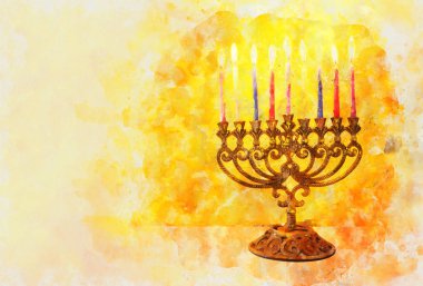 suluboya stili ve soyut Yahudi bayramı Hanuka 'sının menoralı hali (geleneksel şamdan))