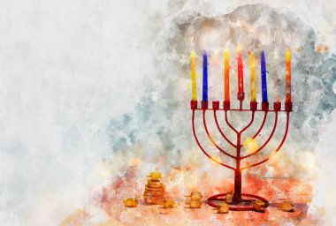 suluboya stili ve soyut Yahudi bayramı Hanuka 'sının menoralı hali (geleneksel şamdan))