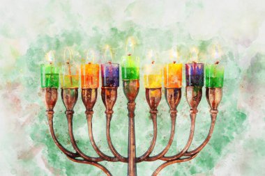 suluboya stili ve soyut Yahudi bayramı Hanuka 'sının menoralı hali (geleneksel şamdan))