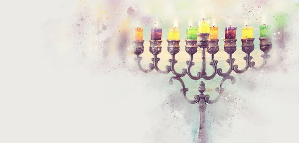 Acquerello e immagine astratta della vacanza ebraica Hanukkah con menorah (candelabro tradizionale ) — Foto Stock