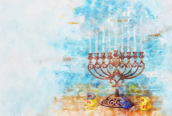 Estilo acuarela e imagen abstracta de fiesta judía Hanukkah con menorah (candelabros tradicionales ) — Foto de Stock