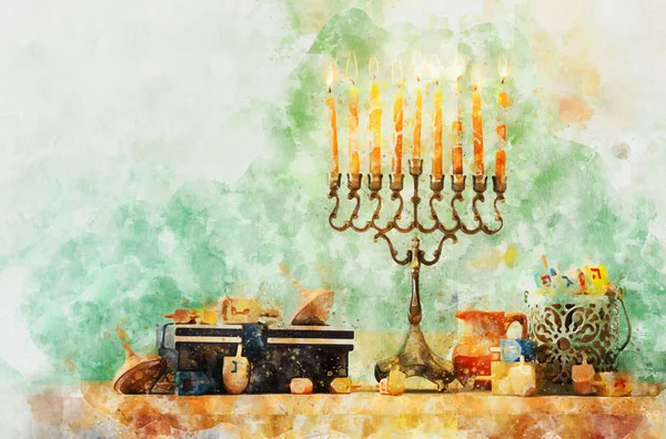 Aquarelstijl en abstract beeld van joodse vakantie Chanoeka met menorah (traditionele kandelaar)) — Stockfoto